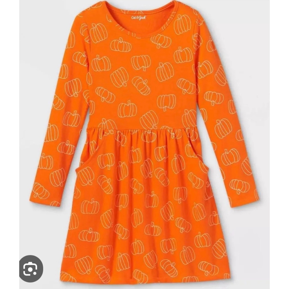 TWO XL (14) Cat and Jack girl dresses. Fall/ Halloween pink ghost and pumpkin - Picture 4 of 6